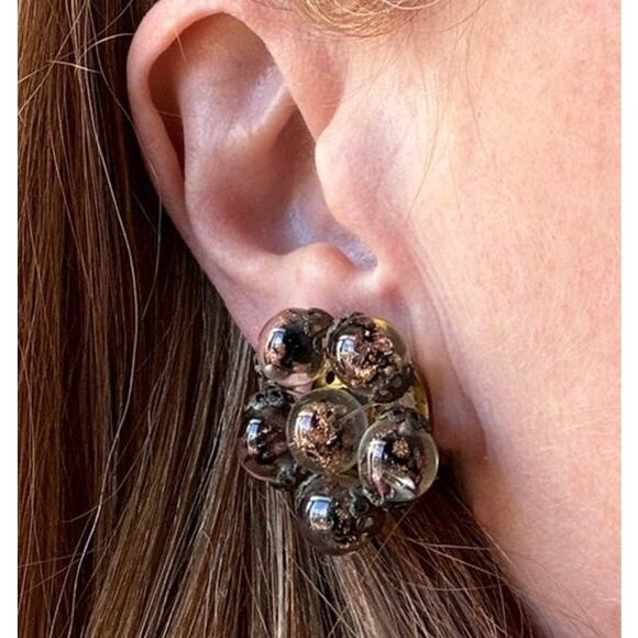 Vintage glass bead cluster clip earrings, brown marked made in Italy - Picture 3 of 12